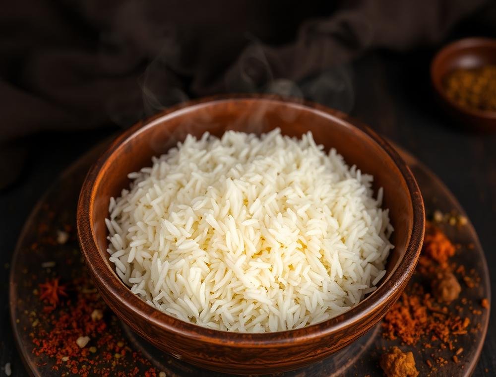 Steaming bowl of basmati rice with spices