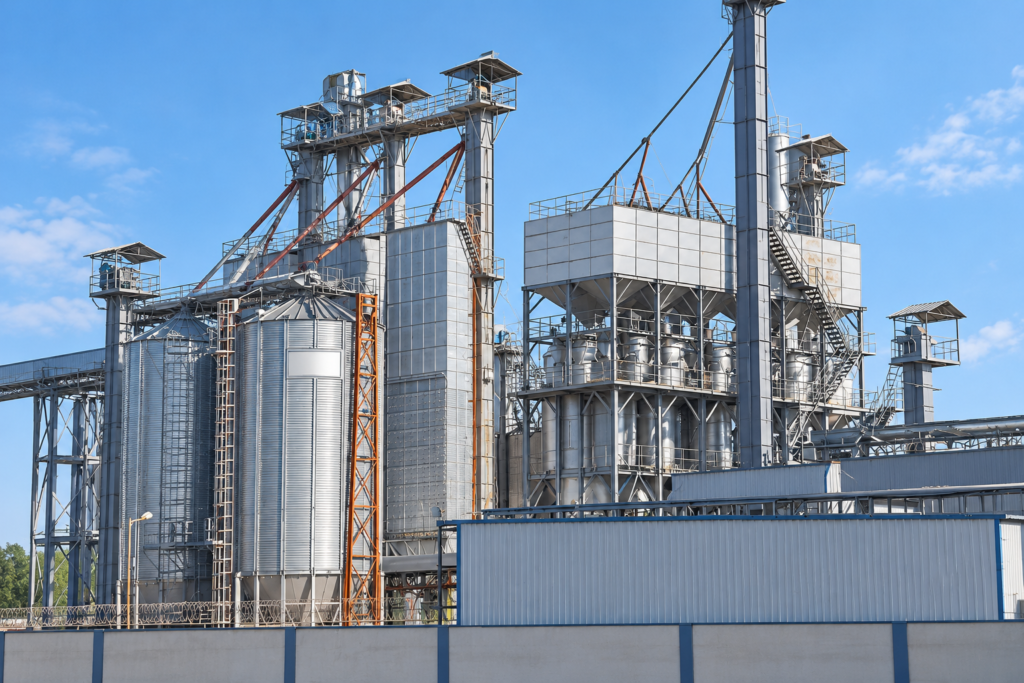 Maharani rice processing facility with grain silos